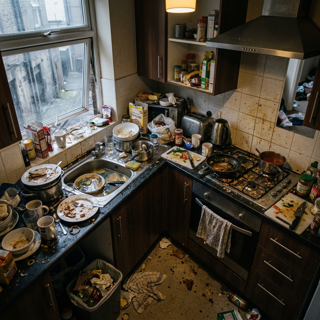 Кухня с посудой и загрязнениями до уборки